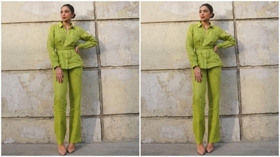 Coming to the design details, Sobhita's ensemble features a collared shirt and matching pants in a pastel green shade. The shirt has a button-up detail on the front, patch pockets, long sleeves, fabric tie detail to cinch the top at the waist, and a cut out on the back. (Instagram) Coming to the design details, Sobhita's ensemble features a collared shirt and matching pants in a pastel green shade. The shirt has a button-up detail on the front, patch pockets, long sleeves, fabric tie detail to cinch the top at the waist, and a cut out on the back. (Instagram)