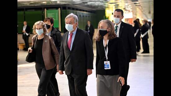 (L-R) Executive Director of the UN Environment Programme (UNEP) Inger Andersen, UN Secretary-General Antonio Guterres and Pilar Fuentes-Conte from the UN arrive to attend the UN climate summit Stockholm +50, Stockholm, Sweden, June 2, 2022 (AFP)