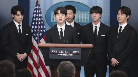 BTS: Jimin with RM, Jin, J-Hope, and Jungkook at the White House in Washington DC, US.(Bloomberg) BTS: Jimin with RM, Jin, J-Hope, and Jungkook at the White House in Washington DC, US.(Bloomberg)