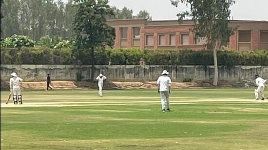 Players in action during the Punjab-Inter District Cricket Tournament being held in Ludhiana.With this victory against Nawanshahr , Ludhiana has bagged seven points in the tournament. (HT PHOTO)
