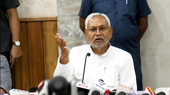 Bihar chief minister Nitish Kumar addressing a press conference after the all party meeting on the caste-based census in Bihar in Patna, Bihar. (HT Photo/Santosh Kumar)