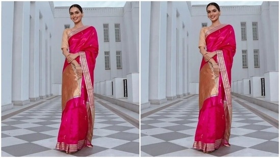 The elegant silk saree comes with minimal handcrafted embroidery. It features gold patti borders with blue lining, intricate thread embroidery in the same shades and broad golden borders on the pallu. The beauty queen draped the six yards in the traditional style around her body, allowing the pallu to fall from her shoulder.(Instagram)