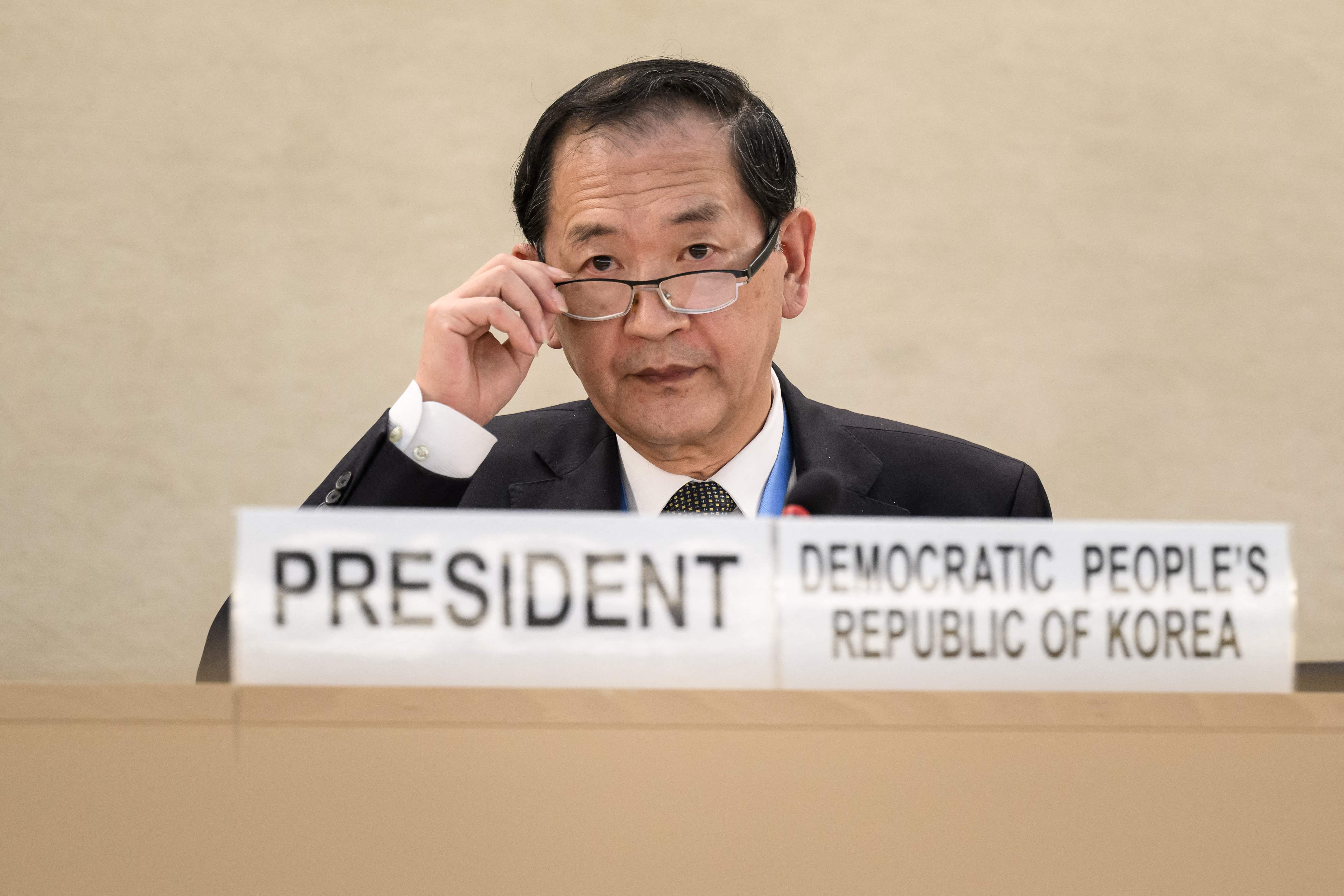 North Korea's ambassador to the United Nations in Geneva Han Tae Song chairs the United Nations Conference on Disarmament during a plenary session in Geneva on June 2, 2022.&nbsp; (AFP)