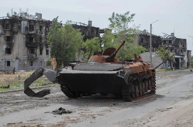 A view shows an armoured vehicle destroyed during Ukraine-Russia conflict in the town of Rubizhne in the Luhansk region, on June 1, 2022.&nbsp; (REUTERS)