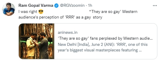 Filmmaker Ram Gopal Varma tweeted about RRR on Wednesday.