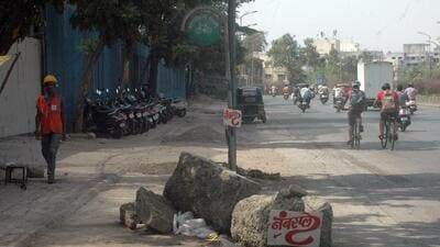 Bad condition of a dedicated cycle track at Vitthalwadi area on Sinhgad road as cyclists are forced to take the main road, on Friday. (HT PHOTO) Bad condition of a dedicated cycle track at Vitthalwadi area on Sinhgad road as cyclists are forced to take the main road, on Friday. (HT PHOTO)
