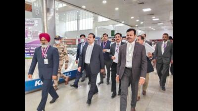 Gautam Adani at Lucknow airport on Friday. (HT PHOTO)