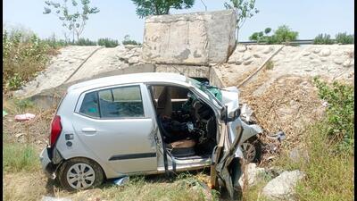 Three members of a family, including a child and his mother, died after their car overturned and fell into a field after colliding with a stray animal on the Bathinda-Patiala highway near the Sangrur bypass on Friday. (HT Photo)
