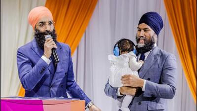 Canada’s NDP leader Jagmeet Singh (right) at the launch event of Gurratan Singh’s re-election campaign in April. (Credit: Gurratan Singh/Twitter)