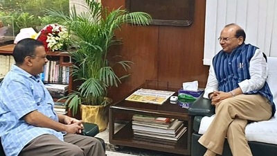 On May 27, Delhi chief minister Arvind Kejriwal called on lieutenant governor Vinai Kumar Saxena to congratulate the latter om his appointment (ANI Photo/LG Delhi Twitter) On May 27, Delhi chief minister Arvind Kejriwal called on lieutenant governor Vinai Kumar Saxena to congratulate the latter om his appointment (ANI Photo/LG Delhi Twitter)