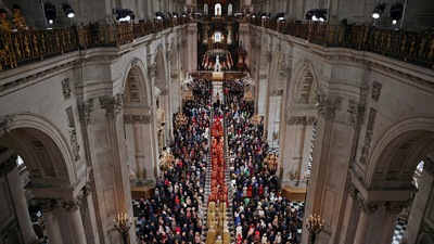 The congregation at St. Paul’s includes members of the royal family, senior politicians, diplomats and more than 400 essential workers, charity volunteers and members of the armed forces who have been invited in recognition of their service to the community. (AP)