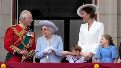 Britain's Prince Charles, left, with Queen Elizabeth II, Prince Louis her great-grandson, covering his ears with his hands, next to his mother Kate Duchess of Cambridge and Princess Charlotte her daughter, at right, stand on the balcony of Buckingham Palace, London. (AP) Britain's Prince Charles, left, with Queen Elizabeth II, Prince Louis her great-grandson, covering his ears with his hands, next to his mother Kate Duchess of Cambridge and Princess Charlotte her daughter, at right, stand on the balcony of Buckingham Palace, London. (AP)