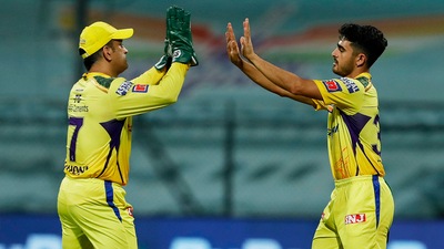 Mukesh Choudhary of the Chennai Super Kings celebrates after picking a wicket with MS Dhoni (IPL) Mukesh Choudhary of the Chennai Super Kings celebrates after picking a wicket with MS Dhoni (IPL)