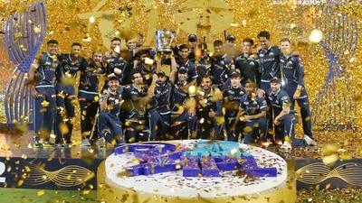 Gujarat Titans players with the IPL trophy after winning the final T20 cricket match of the Indian Premier League 2022&nbsp; (PTI)