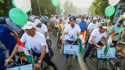 Union Sports Minister Anurag Thakur, Health Minister Mansukh Mandaviya and BJP leader Harsh Vardhan at the launch of a nationwide bicycle rally on World Bicycle Day, in New Delhi. (PTI) Union Sports Minister Anurag Thakur, Health Minister Mansukh Mandaviya and BJP leader Harsh Vardhan at the launch of a nationwide bicycle rally on World Bicycle Day, in New Delhi. (PTI)