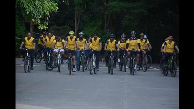 Cyclists ride to mark World Bicycle Day in Thane on Friday. Orphans in Thane were made to feel special as they did cycling on the day. (PRAFUL GANGURDE/HT PHOTO)