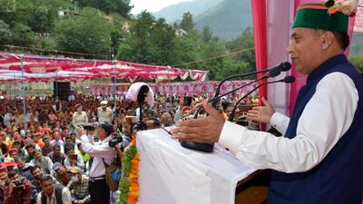 Himachal chief minister Jai Ram Thakur addressing the gathering during a rally in Rampur on Friday. (HT Photo) Himachal chief minister Jai Ram Thakur addressing the gathering during a rally in Rampur on Friday. (HT Photo)