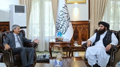 India's Afghan expert J P Singh with Taliban Foreign Minister Amir Khan Muttaqi in Kabul on Thursday. India's Afghan expert J P Singh with Taliban Foreign Minister Amir Khan Muttaqi in Kabul on Thursday.