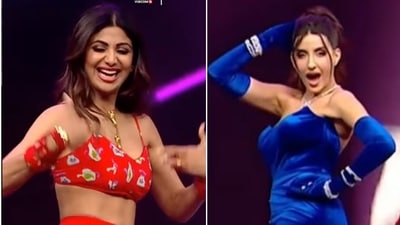 Shilpa Shetty and Nora Fatehi in a dance-off. Shilpa Shetty and Nora Fatehi in a dance-off.