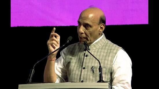 Defence minister Rajnath Singh addresses the Ground Breaking Ceremony 3.0 of UP Investors’ Summit, in Lucknow on Friday. (ANI Photo)
