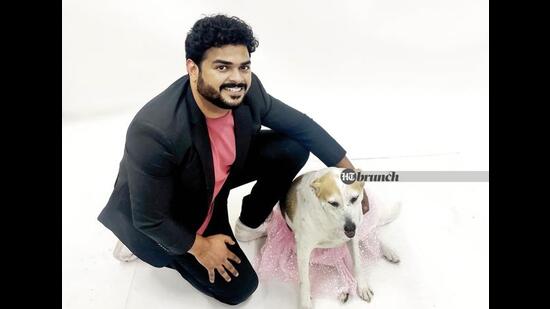 Karan Nambiar and Cuteay;  On Karan: coat by Valichi Couture;  Uniqlo t-shirt and jeans;  Nike shoes;  On Cuteay, the Indie: Rock by Pink Paws (Ayushman Mitra)