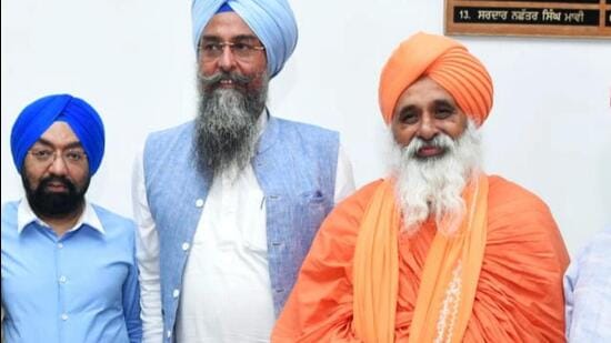 (From left) Vikramjit Singh Sahney, Punjab speaker Kultar Singh Sandhwan and Balbir Singh Seechewal in Chandigarh on Friday. (HT Photo)