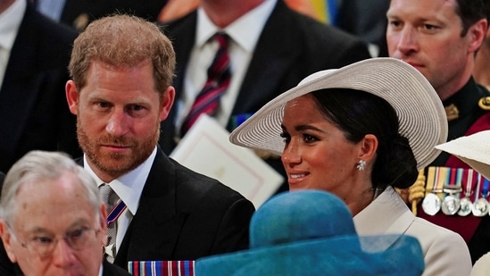 Prince Harry and his wife, Meghan, joined other members of Britain’s royal family Friday at a church service honouring Queen Elizabeth II’s 70 years on the throne.(REUTERS)