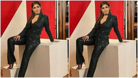 Raveena decked up as the ultimate boss lady in a sequined pantsuit.(Instagram/@officialraveenatandon)