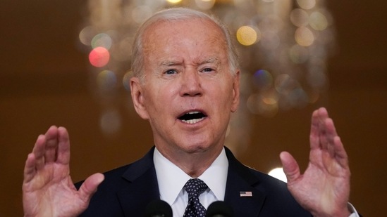 US president Joe Biden speaks about the latest round of mass shootings, from the East Room of the White House in Washington. (AP Photo/Evan Vucci)(AP)