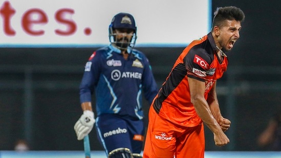 Umran Malik of the Sunrisers Hyderabad celebrates the wicket of David Miller of Gujarat Titans(IPL)