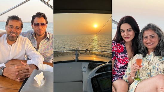 Chetan Bhagat, his family, Anupam Mittal and his wife Aanchal Kumar enjoy boat time.