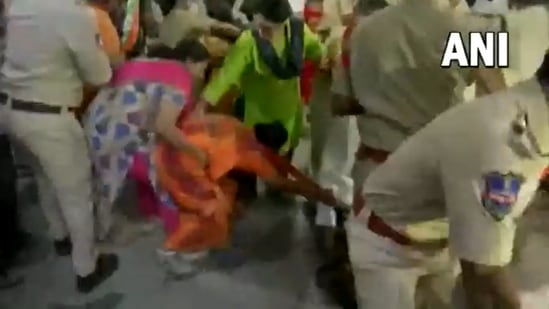 BJP leaders carry out protest at Hyderabad's Jubilee Hills Police Station. (Screengrab/ANI Video)