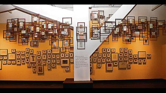 Nandalal Bose’s paintings are displayed in the form of Tree of Knowledge at the exhibition Hastantaran: In Transmission. (Photo: Dhruv Sethi/HT) Nandalal Bose’s paintings are displayed in the form of Tree of Knowledge at the exhibition Hastantaran: In Transmission. (Photo: Dhruv Sethi/HT)