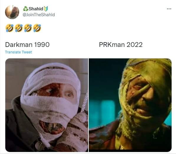 A tweet comparing Shah Rukh in Jawan to Liam Neeson in Darkman.