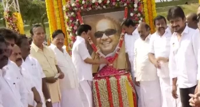Pictures shared by news agency ANI showed chief minister Stalin leading the celebrations of his M Karunanidhi's birth anniversary (ANI Photo)
