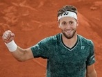 Norway's Casper Ruud celebrates winning the semifinal match against Croatia's Marin Cilic in four sets, 3-6, 6-4, 6-2, 6-2, at the French Open tennis tournament in Roland Garros stadium in Paris, France, Friday, June 3, 2022. (AP) Norway's Casper Ruud celebrates winning the semifinal match against Croatia's Marin Cilic in four sets, 3-6, 6-4, 6-2, 6-2, at the French Open tennis tournament in Roland Garros stadium in Paris, France, Friday, June 3, 2022. (AP)