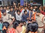 Hyderabad: BJP workers protest inside the Jubilee Hills police station demanding justice to a teenager, who was allegedly gang-raped by schoolboys, in Hyderabad, Friday, June 3, 2022. (PTI Photo)