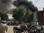 Multiple fire tenders present at spot in Hapur, Uttar Pradesh, where a huge explosion happened earlier today.(HT Photo) Multiple fire tenders present at spot in Hapur, Uttar Pradesh, where a huge explosion happened earlier today.(HT Photo)