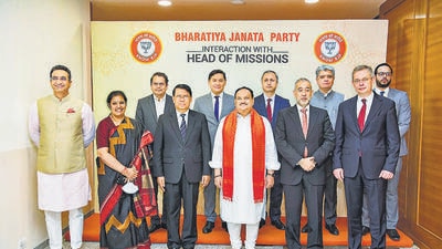 Bharatiya Janata Party (BJP) president JP Nadda met envoys from seven countries on Saturday as part of the party’s ongoing outreach programme. (PTI) Bharatiya Janata Party (BJP) president JP Nadda met envoys from seven countries on Saturday as part of the party’s ongoing outreach programme. (PTI)