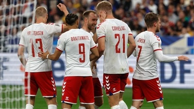 Denmark's players celebrate after Denmark's Andreas Cornelius scored his side's second goal during the UEFA Nations League soccer match between France and Denmark at the Stade de France in Saint Denis near Paris, France, Friday, June 3, 2022. (AP) Denmark's players celebrate after Denmark's Andreas Cornelius scored his side's second goal during the UEFA Nations League soccer match between France and Denmark at the Stade de France in Saint Denis near Paris, France, Friday, June 3, 2022. (AP)