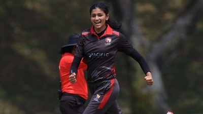 UAE's Mahika Gaur celebrating a wicket vs Nepal in her spell of 4-2-2-5. ((Source: Malaysia Cricket/Twitter)) UAE's Mahika Gaur celebrating a wicket vs Nepal in her spell of 4-2-2-5. ((Source: Malaysia Cricket/Twitter))