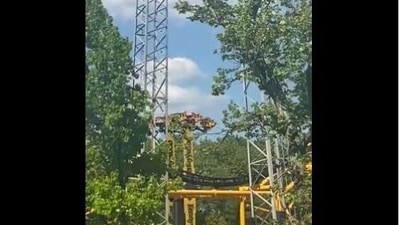 Aero 360 ride stopped mid-air with riders dangling upside down in an amusement park in Pennsylvania.&nbsp;