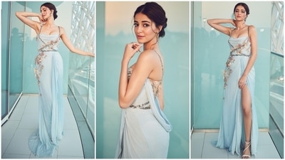 Ananya styled the ensemble by pairing it with matching stilettos, gold rings and pearl-drop earrings. Lastly, a centre-parted braided bun, subtle eye shadow, light mascara on the lashes, blush pink lip shade, glowing skin, blushed cheeks, and beaming highlighter rounded off the glam picks. (Instagram/@ananyapanday) Ananya styled the ensemble by pairing it with matching stilettos, gold rings and pearl-drop earrings. Lastly, a centre-parted braided bun, subtle eye shadow, light mascara on the lashes, blush pink lip shade, glowing skin, blushed cheeks, and beaming highlighter rounded off the glam picks. (Instagram/@ananyapanday)