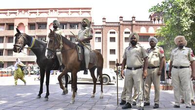 Punjab Police personnel deployed at the Heritage Street ahead of the Operation Bluestar anniversary in Amritsar. (Sameer Sehgal/HT) Punjab Police personnel deployed at the Heritage Street ahead of the Operation Bluestar anniversary in Amritsar. (Sameer Sehgal/HT)