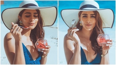 Pooja Hegde in a chic crochet swimsuit is 'mentally enjoying a sorbet on white sandy beach' (Instagram) Pooja Hegde in a chic crochet swimsuit is 'mentally enjoying a sorbet on white sandy beach' (Instagram)