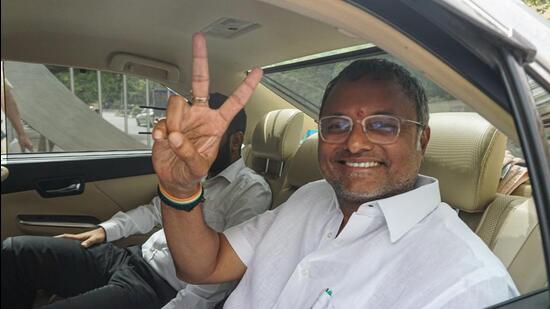 New Delhi: Congress MP Karti Chidambaram arrives at the CBI headquarters for questioning in an alleged scam pertaining to issuance of visas for Chinese nationals, in New Delhi, Saturday, May 28, 2022. (PTI Photo)