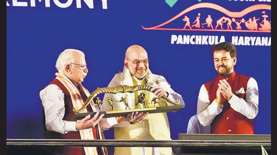 Union home minister Amit Shah, Union minister Anurag Thakur and Haryana CM Manohar Lal Khattar at the inauguration ceremony of the Khelo India Youth Games on Saturday. (HT)