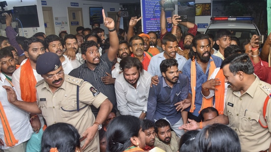 Hyderabad: BJP workers protest inside the Jubilee Hills police station demanding justice to a teenager, who was allegedly gang-raped by schoolboys, in Hyderabad, Friday, June 3, 2022. (PTI Photo)