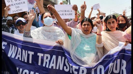 Jammu-based government employees, posted in Kashmir, during a protest rally demanding their transfer to their home districts, Jammu, June 4, 2022 (PTI)