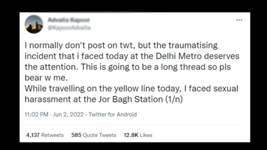 The Delhi-based student recounted her ordeal at the Metro Station, through a series of social media posts. (Photo: Twitter)